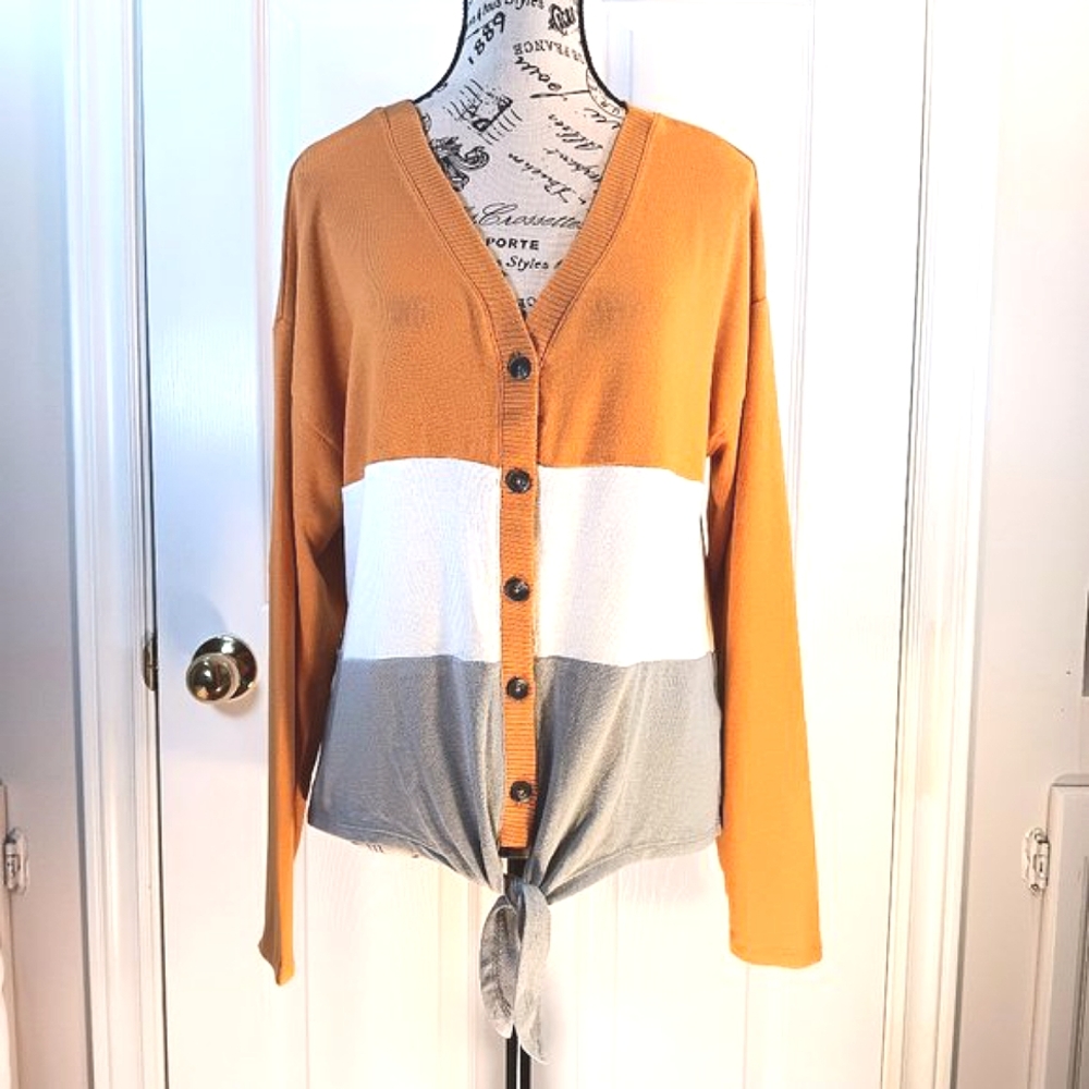 NWOT Ricki's Colorblock Knit Cardigan Tie Waist Yellow Grey White Size M